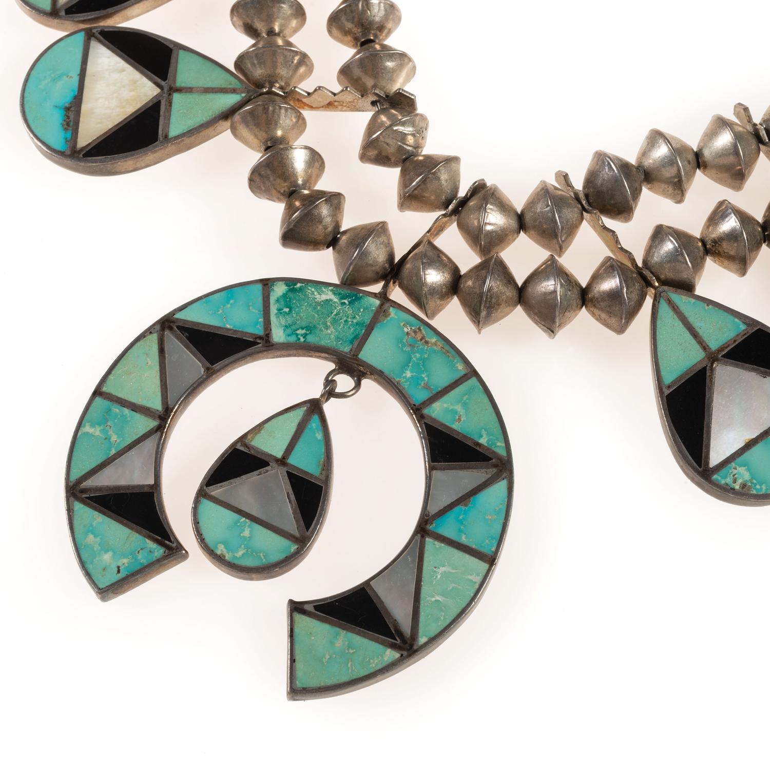 Zuni Silver and Channel Inlay Squash Blossom Necklace