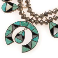 Zuni Silver and Channel Inlay Squash Blossom Necklace