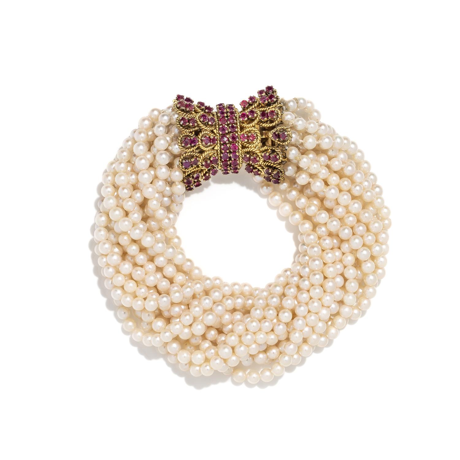 CULTURED PEARL, RUBY, AND YELLOW GOLD TORSADE BRACELET