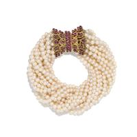 CULTURED PEARL, RUBY, AND YELLOW GOLD TORSADE BRACELET