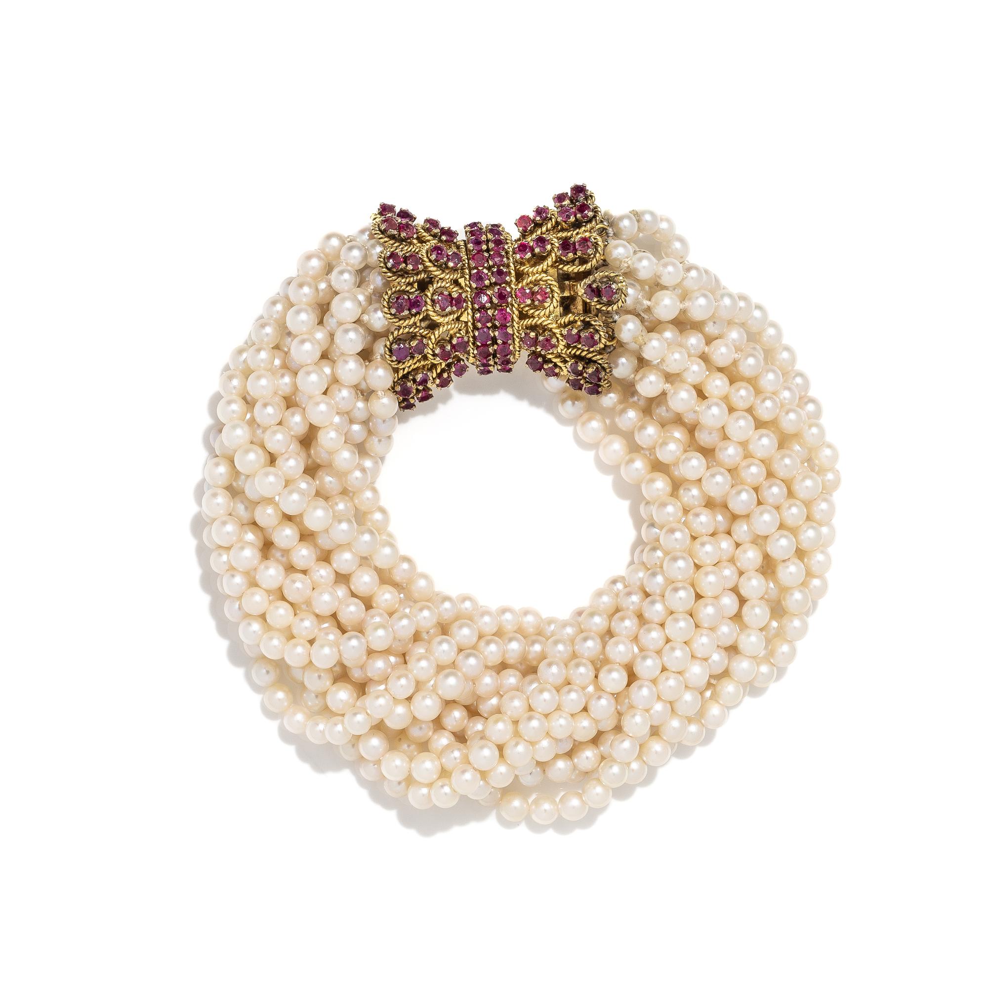 CULTURED PEARL, RUBY, AND YELLOW GOLD TORSADE BRACELET
