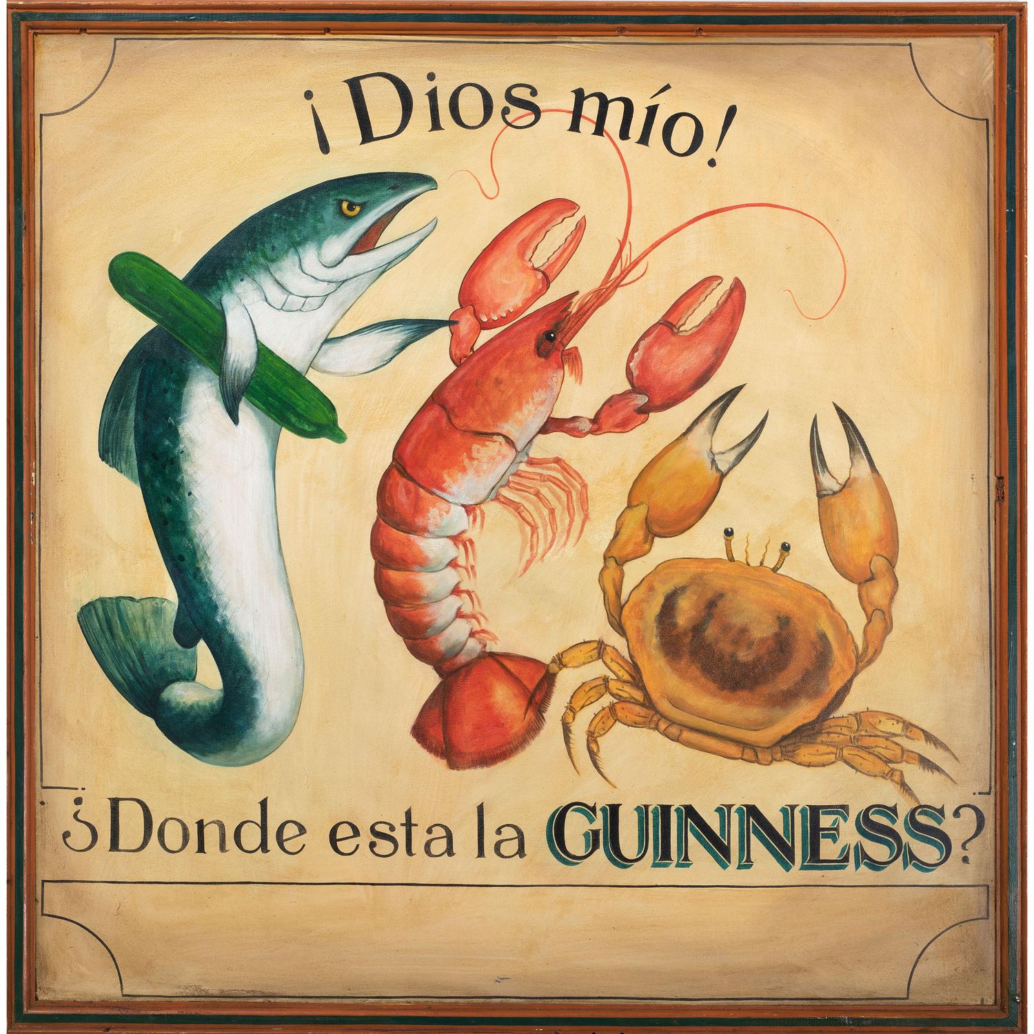 A Spanish Guinness Painted Seafood Restaurant Advertising Sign