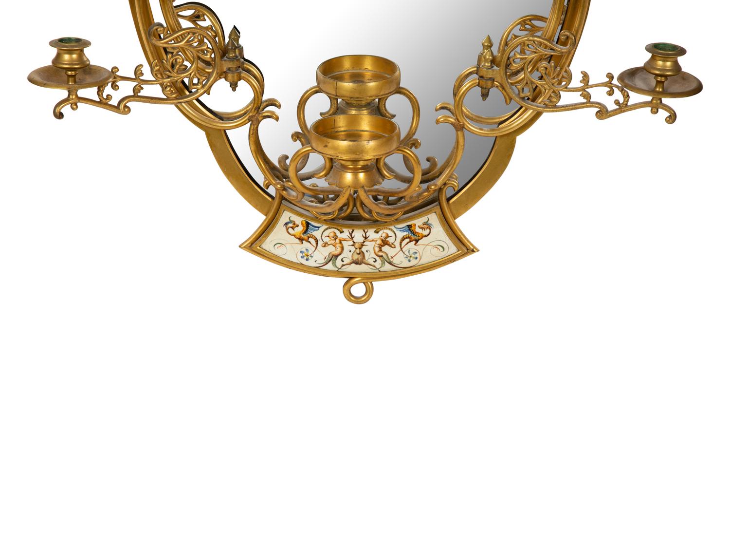 An Italian Majolica Plaque-Inset Gilt Metal Girandole Mirror — 20TH CENTURY