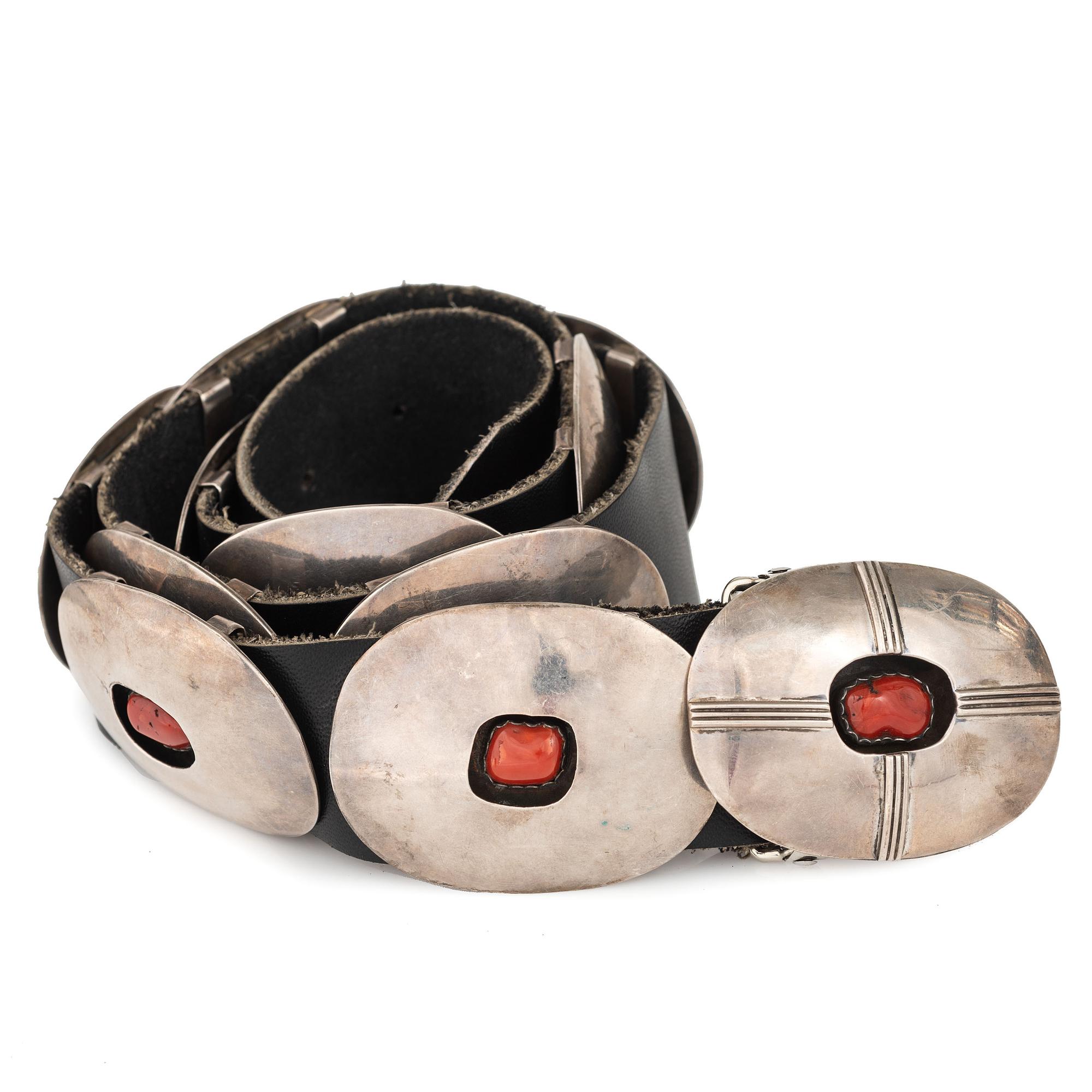 Navajo Silver and Coral Shadow Box Concha Belt