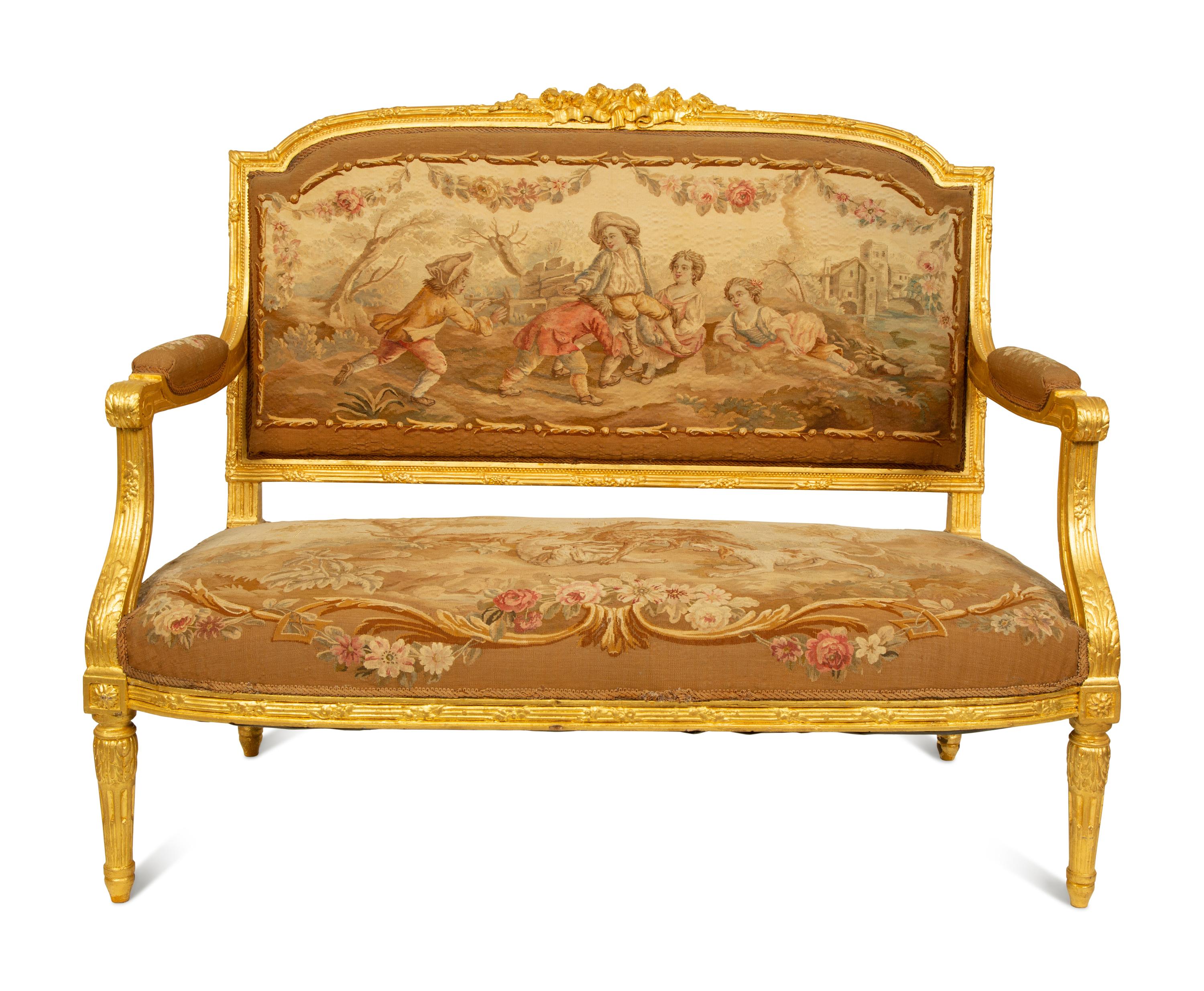 A Louis XVI Style Giltwood Settee with Tapestry Upholstery — LATE 19TH CENTURY