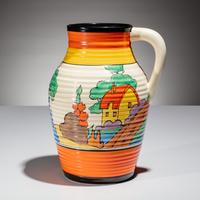 Clarice Cliff (English, 1899–1972) — Orange Roof Cottage pattern Lotus Jug