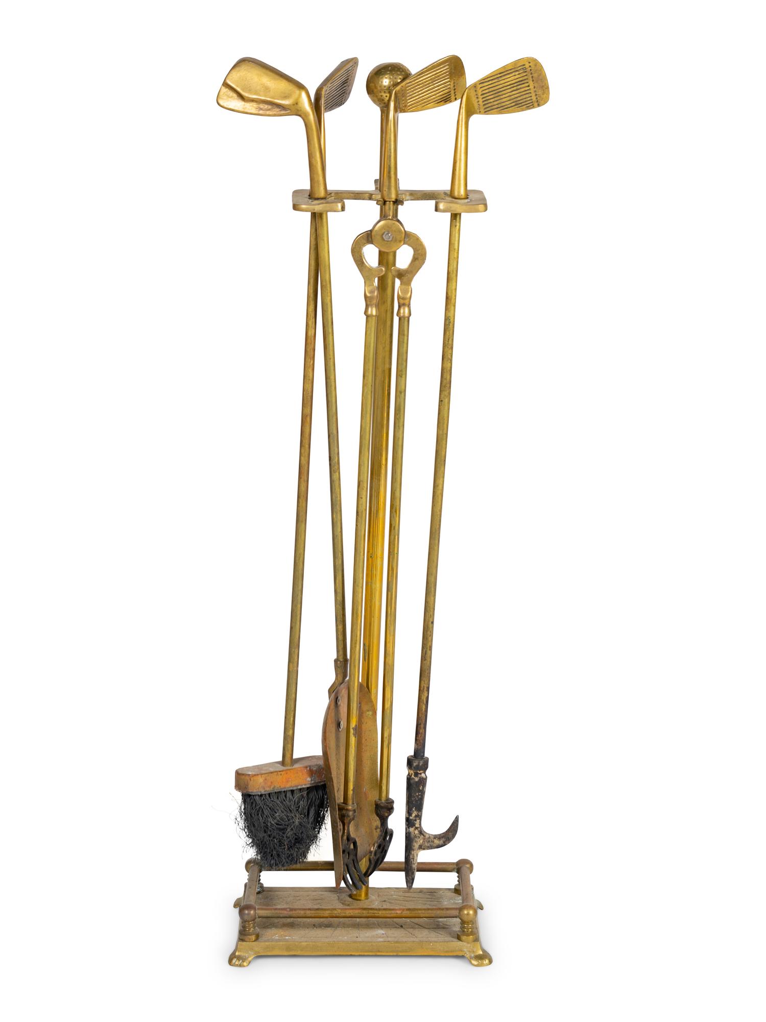 A Set of Gilt Metal and Iron Golf Club Fire Tools and Stand