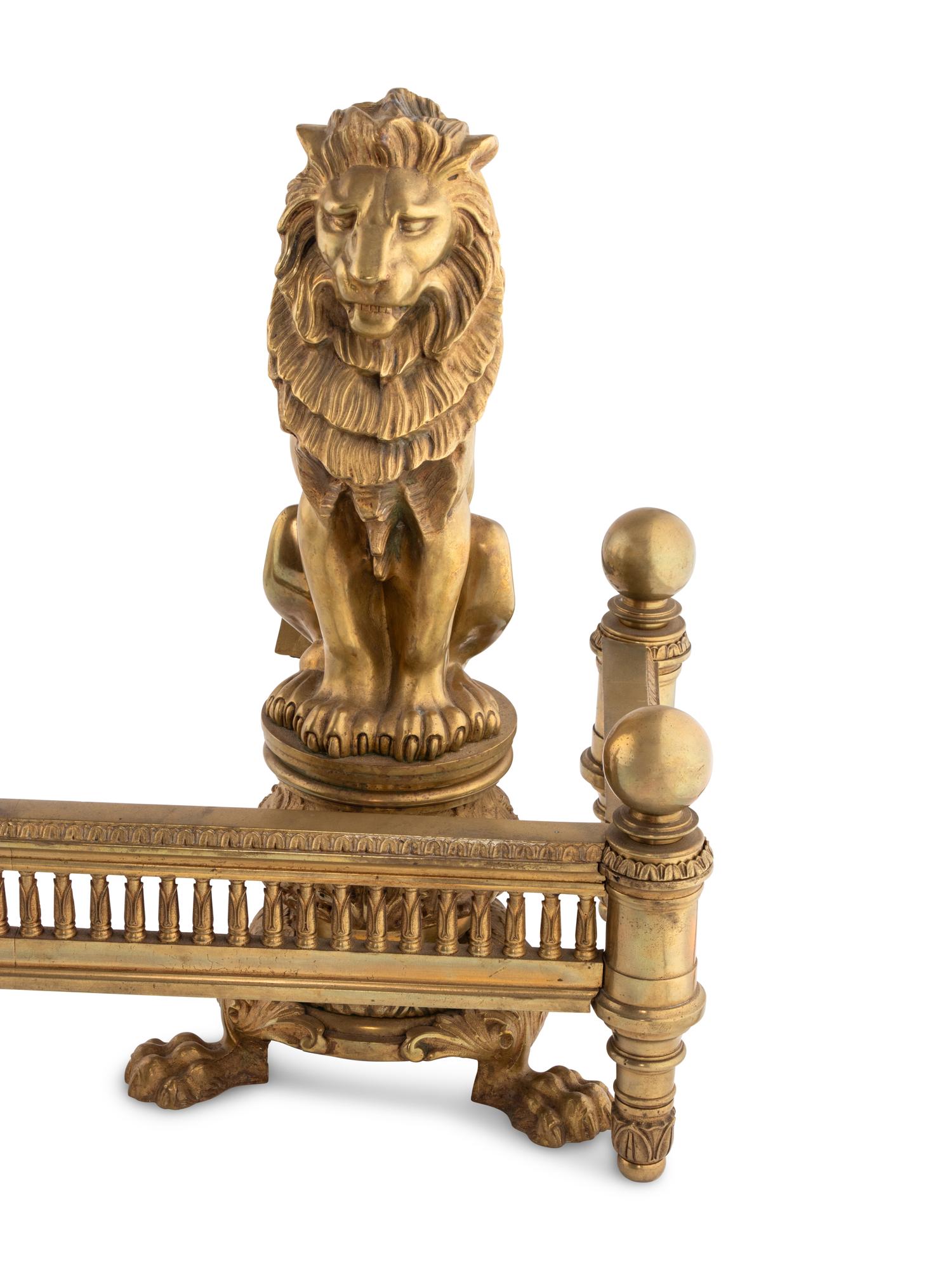 A Pair of American Gilt Bronze 'Lion Sejant' Andirons