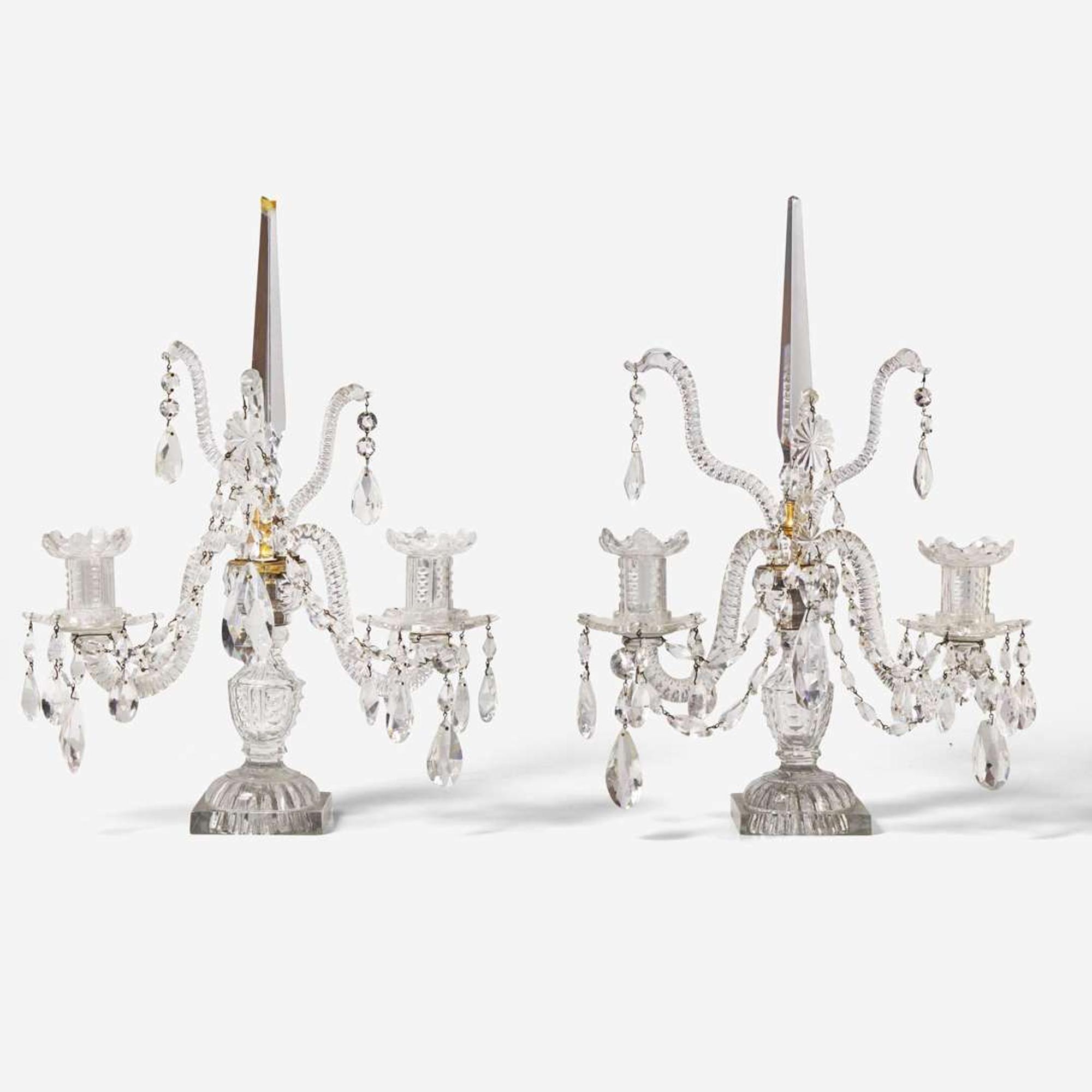 A pair of Georgian style cut-glass and brass two-light girandoles Edward F. Caldwell & Co. (active 1895-1959), New York, NY, early 20th century