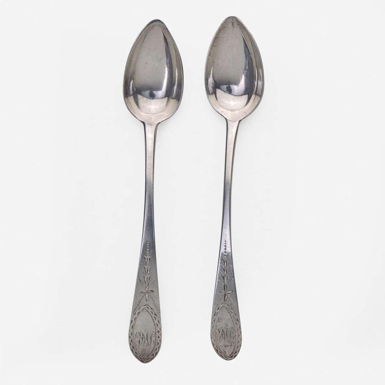 A large collection of twenty-five bird-back and fancy-back teaspoons Various makers, Lancaster, Reading, Philadelphia, PA, and Burlington, NJ, circa 1780-1820