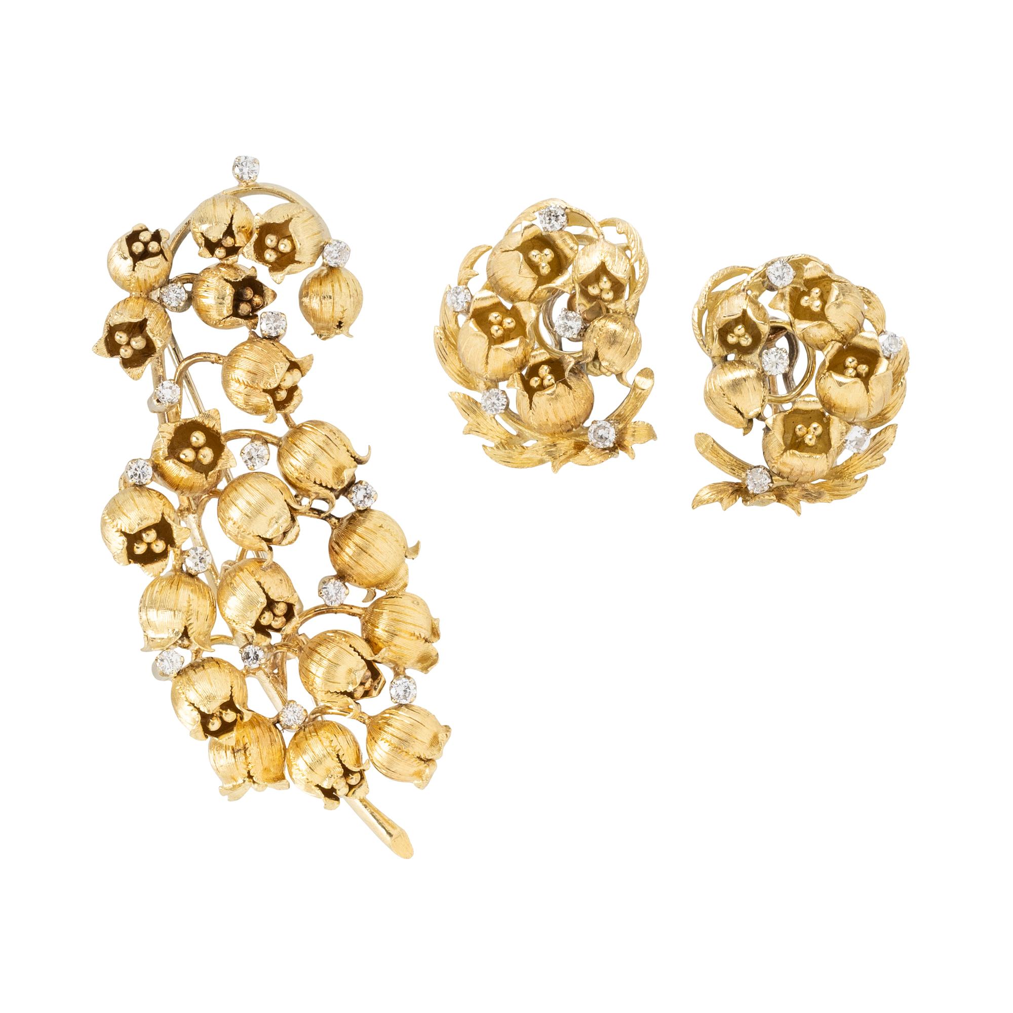 YELLOW GOLD AND DIAMOND LILY OF THE VALLEY BROOCH AND EARRINGS