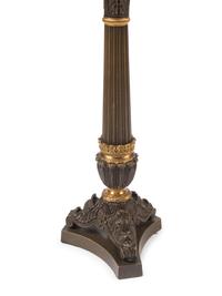 A Pair of Empire Style Gilt and Patinated Bronze Six-Light Candelabra Mounted as Lamps