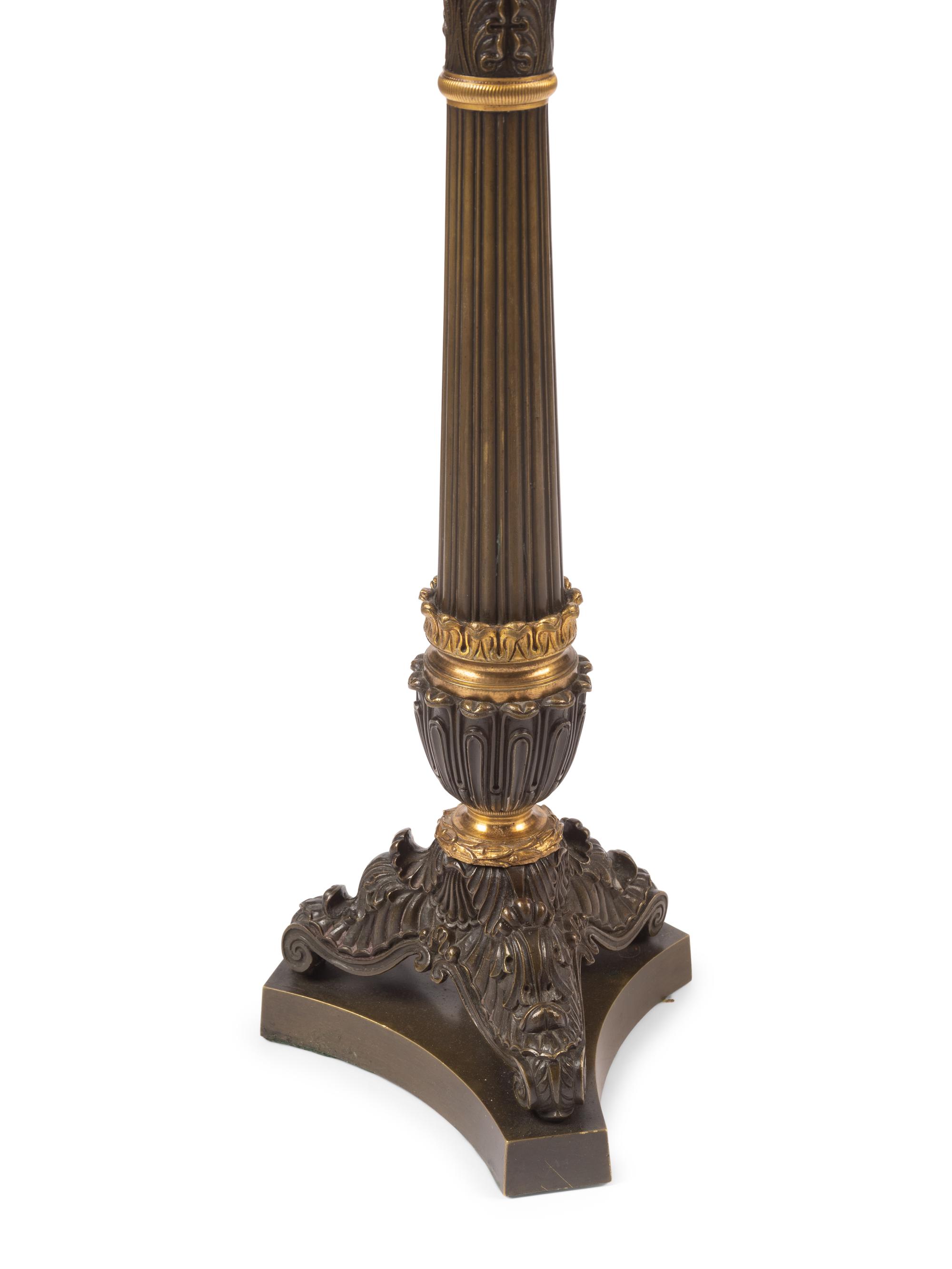 A Pair of Empire Style Gilt and Patinated Bronze Six-Light Candelabra Mounted as Lamps