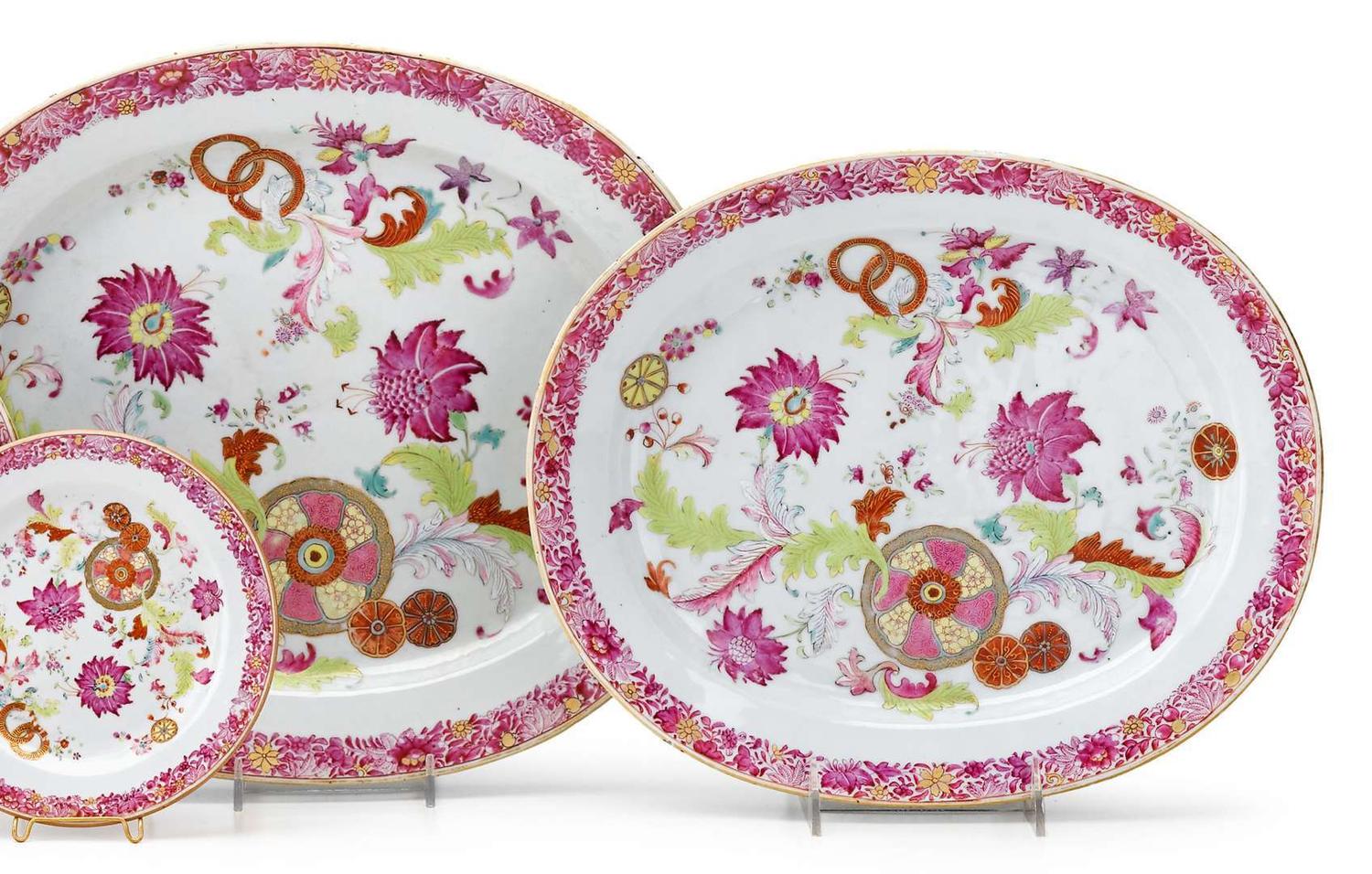 Two Chinese Export porcelain Famille Rose "Pseudo Tobacco Leaf" platters qianlong, circa 1785