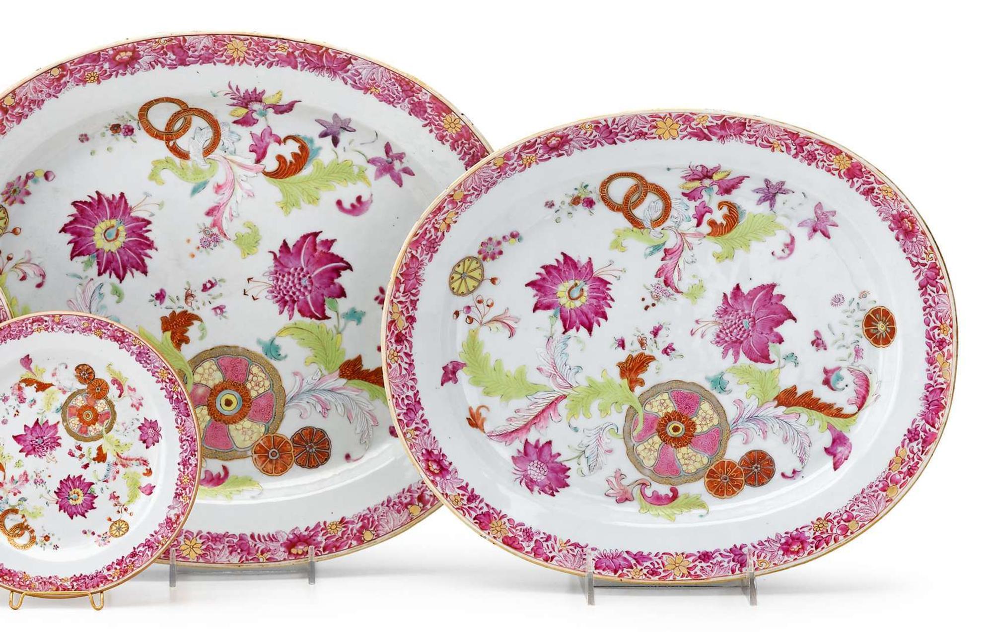 Two Chinese Export porcelain Famille Rose "Pseudo Tobacco Leaf" platters qianlong, circa 1785
