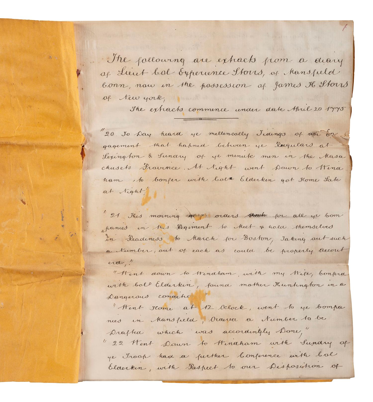 [REVOLUTIONARY WAR] -- [STORRS, Experience (1734-1801)]. Manuscript extracts from the diary of Revolutionary War Lieutenant Colonel Experience Storrs, as identified by James H. Storrs of New York. Ca 19th century.