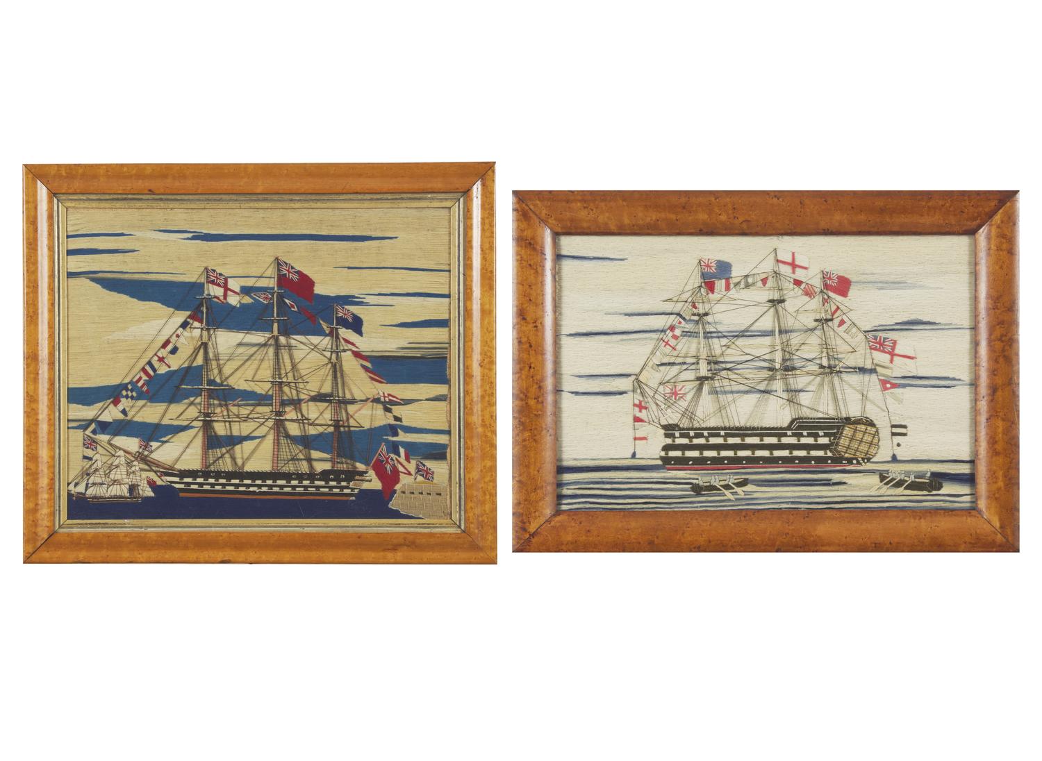 Two Sailor-Made Woolwork Pictures of Ships Festooned with Signal Flags, 19th Century