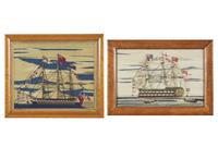 Two Sailor-Made Woolwork Pictures of Ships Festooned with Signal Flags, 19th Century