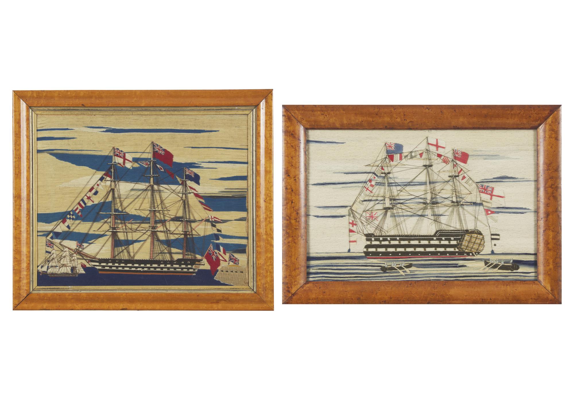 Two Sailor-Made Woolwork Pictures of Ships Festooned with Signal Flags, 19th Century