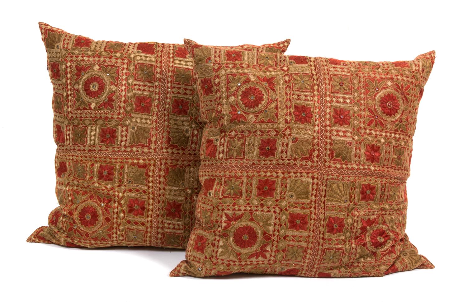 Two Large Indian Embroidered and Mirrored Cushions 31 inches square. — 20TH CENTURY