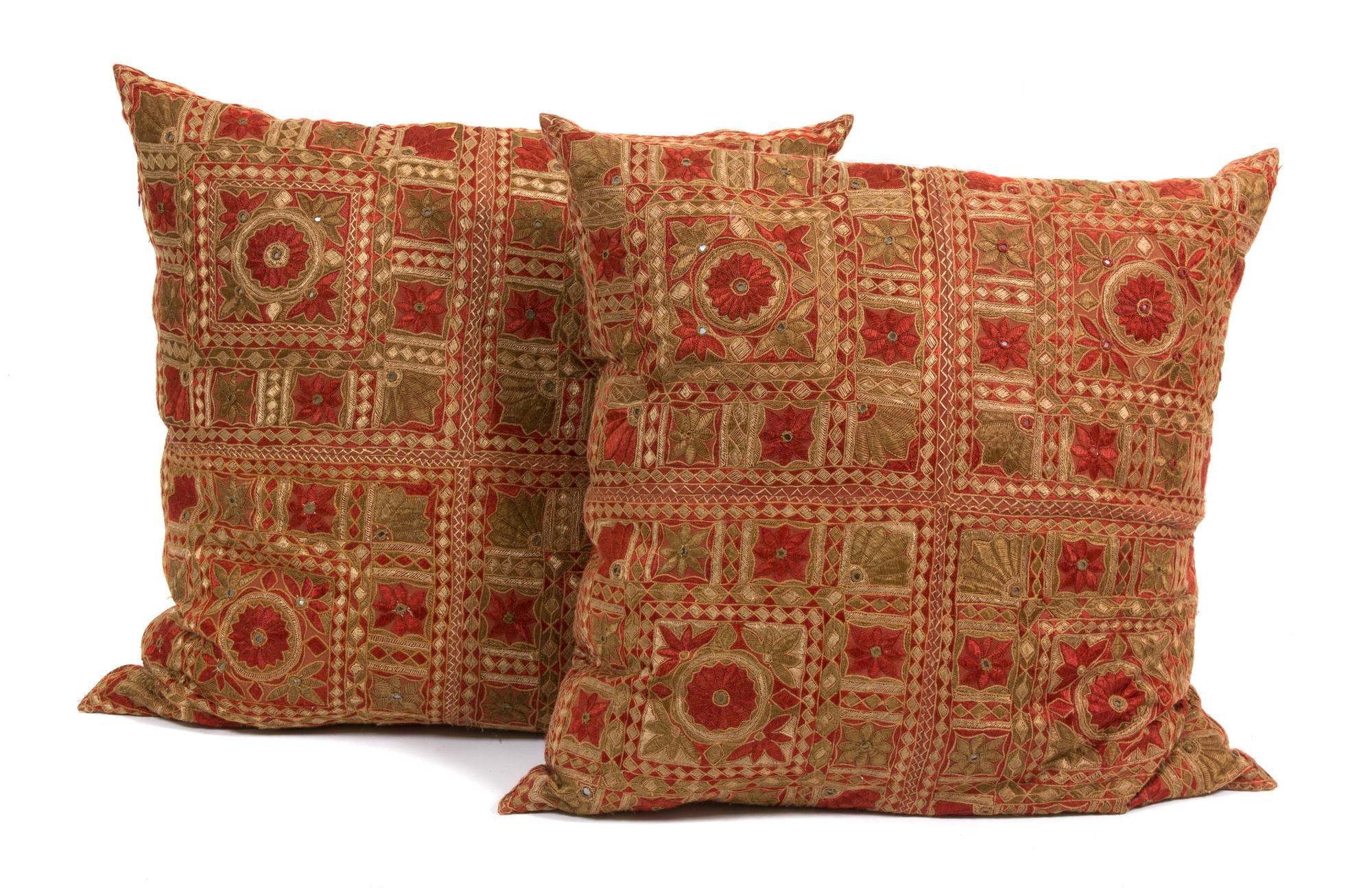 Two Large Indian Embroidered and Mirrored Cushions 31 inches square. — 20TH CENTURY