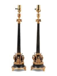 A Pair of Empire Style Gilt Metal Mounted Lamps