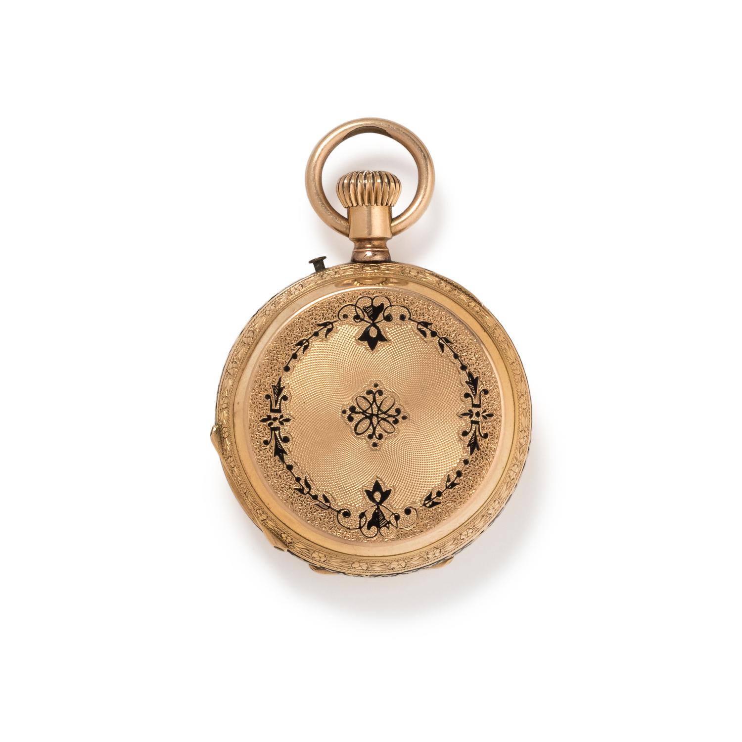 18K YELLOW GOLD AND ENAMEL HUNTER CASE POCKET WATCH