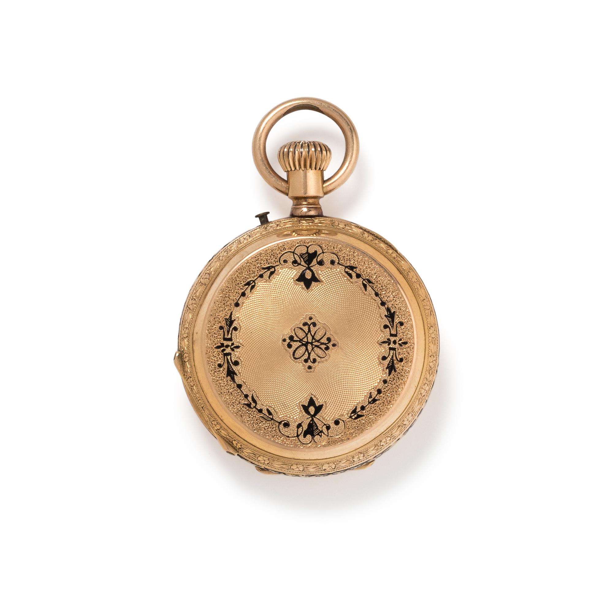 18K YELLOW GOLD AND ENAMEL HUNTER CASE POCKET WATCH