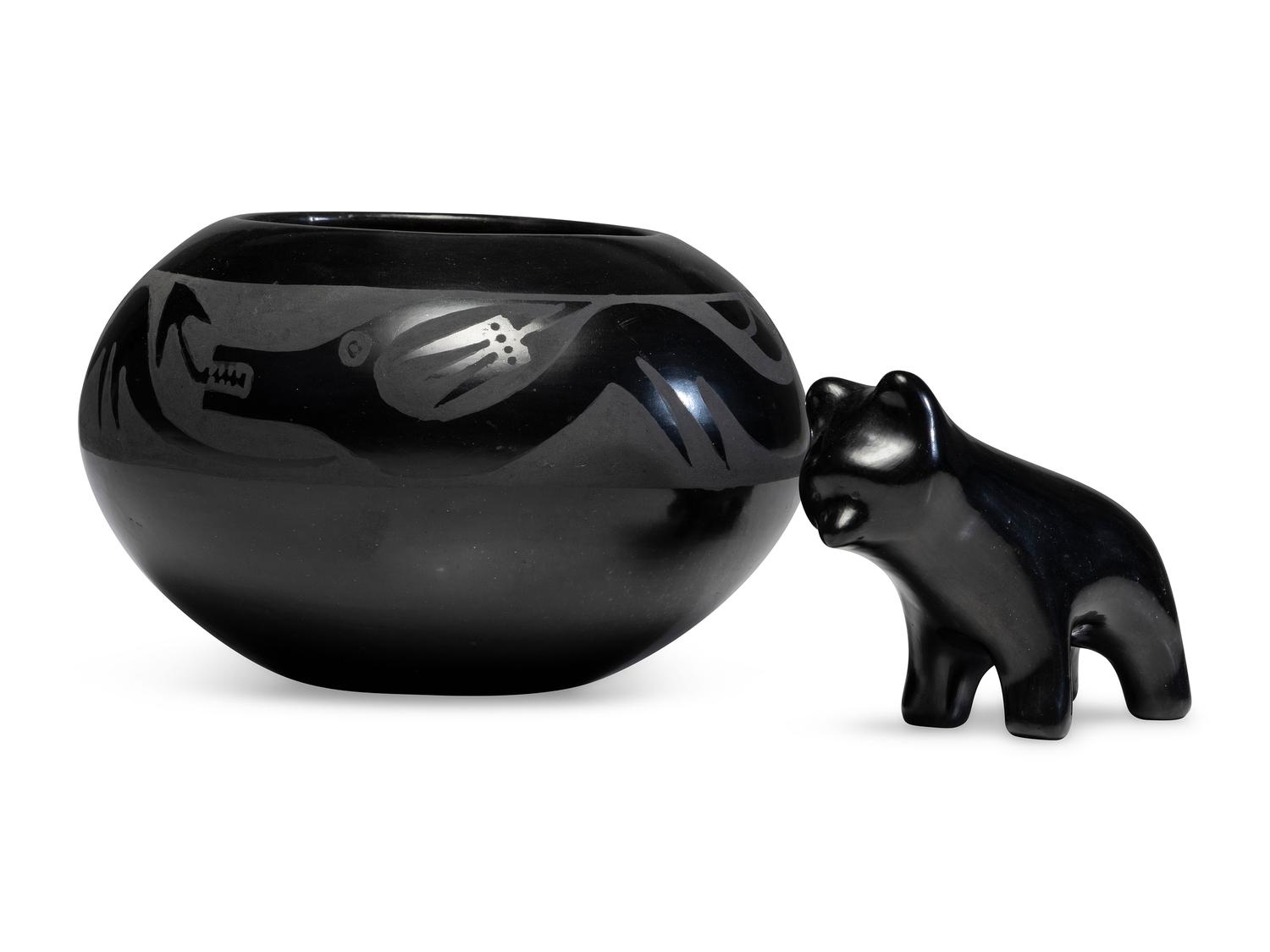 Blackware Pottery Bowl, with Avanyu and Pottery Bear