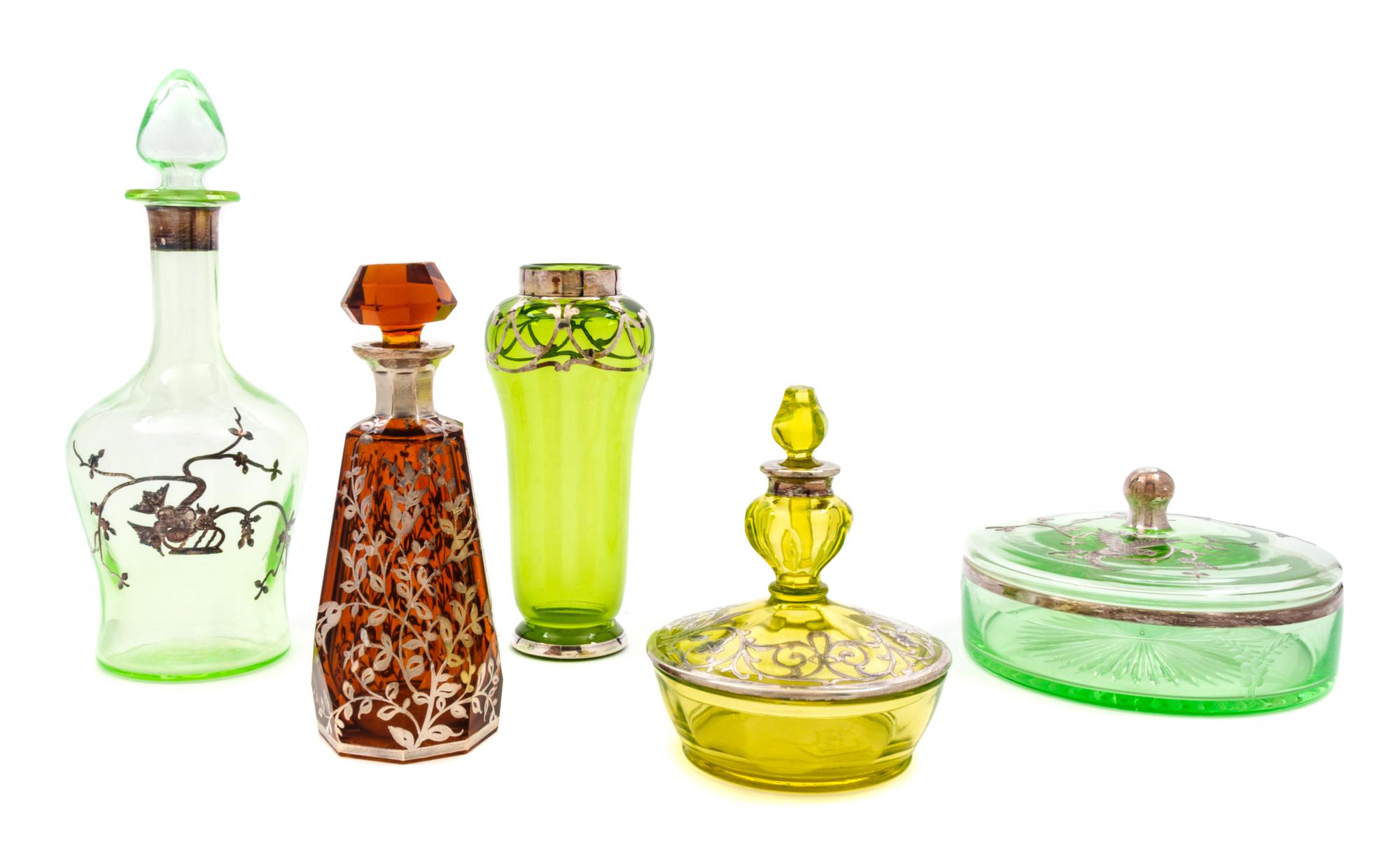Five Silver Overlay Glass Dresser Articles Height of tallest 9 3/4 inches.