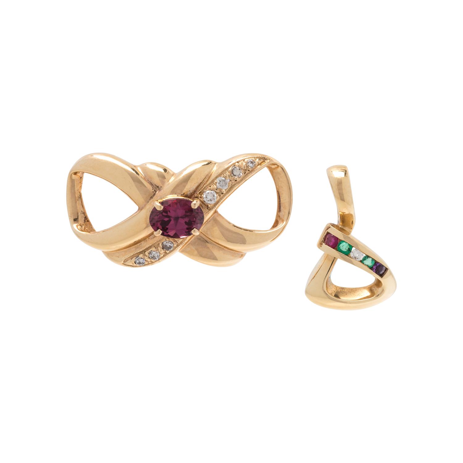 COLLECTION OF YELLOW GOLD, GEMSTONE AND DIAMOND PENDANTS