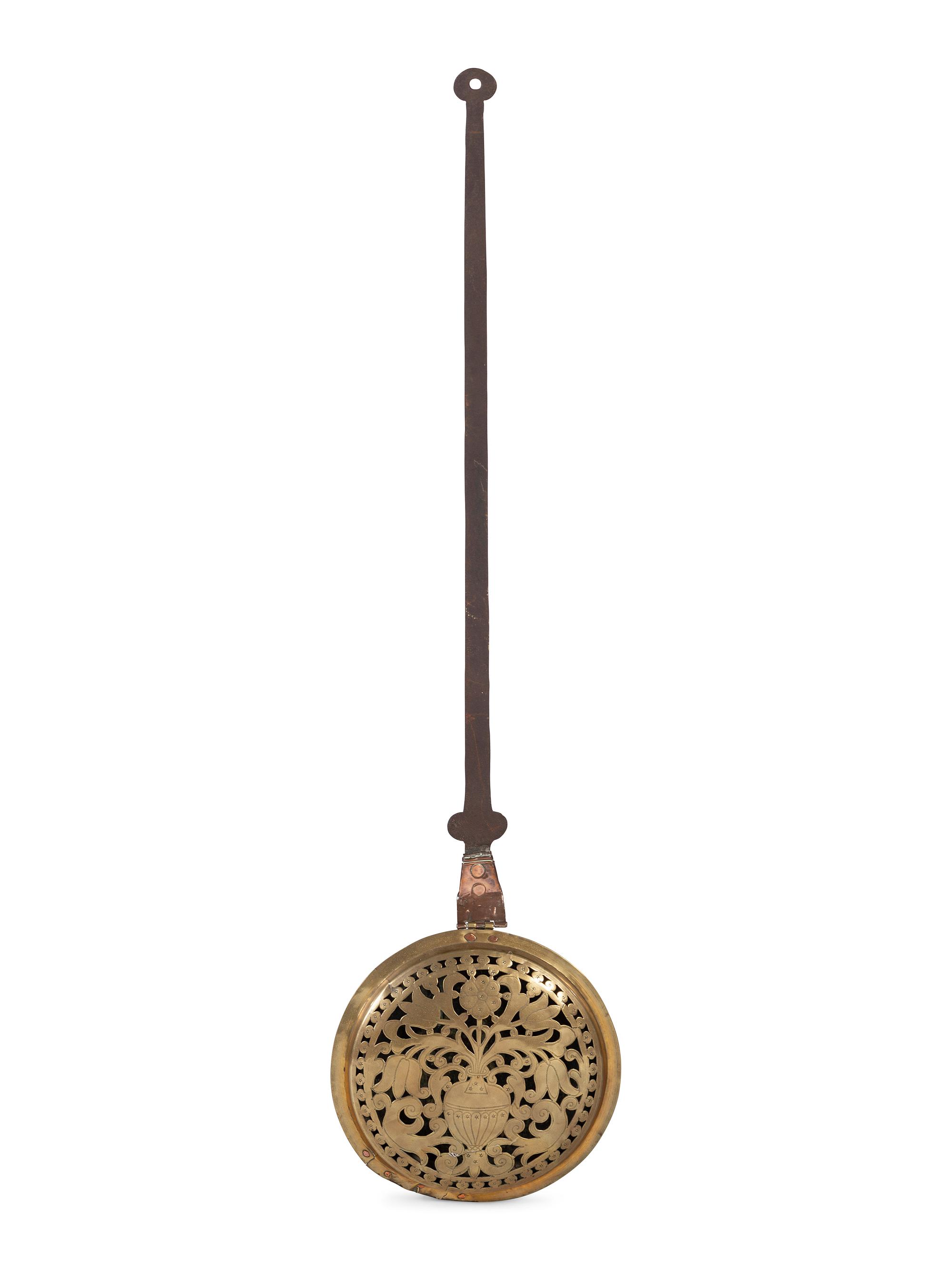 An English Wrought-Iron and Pierced and Engraved Brass Warming Pan
