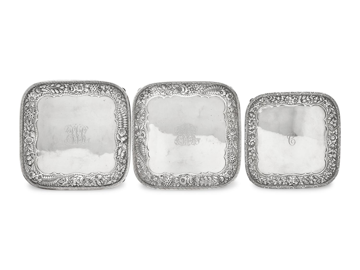 Three Sterling Silver Floral Repousse Salvers, Tiffany & Co., New York, NY, Circa 1880