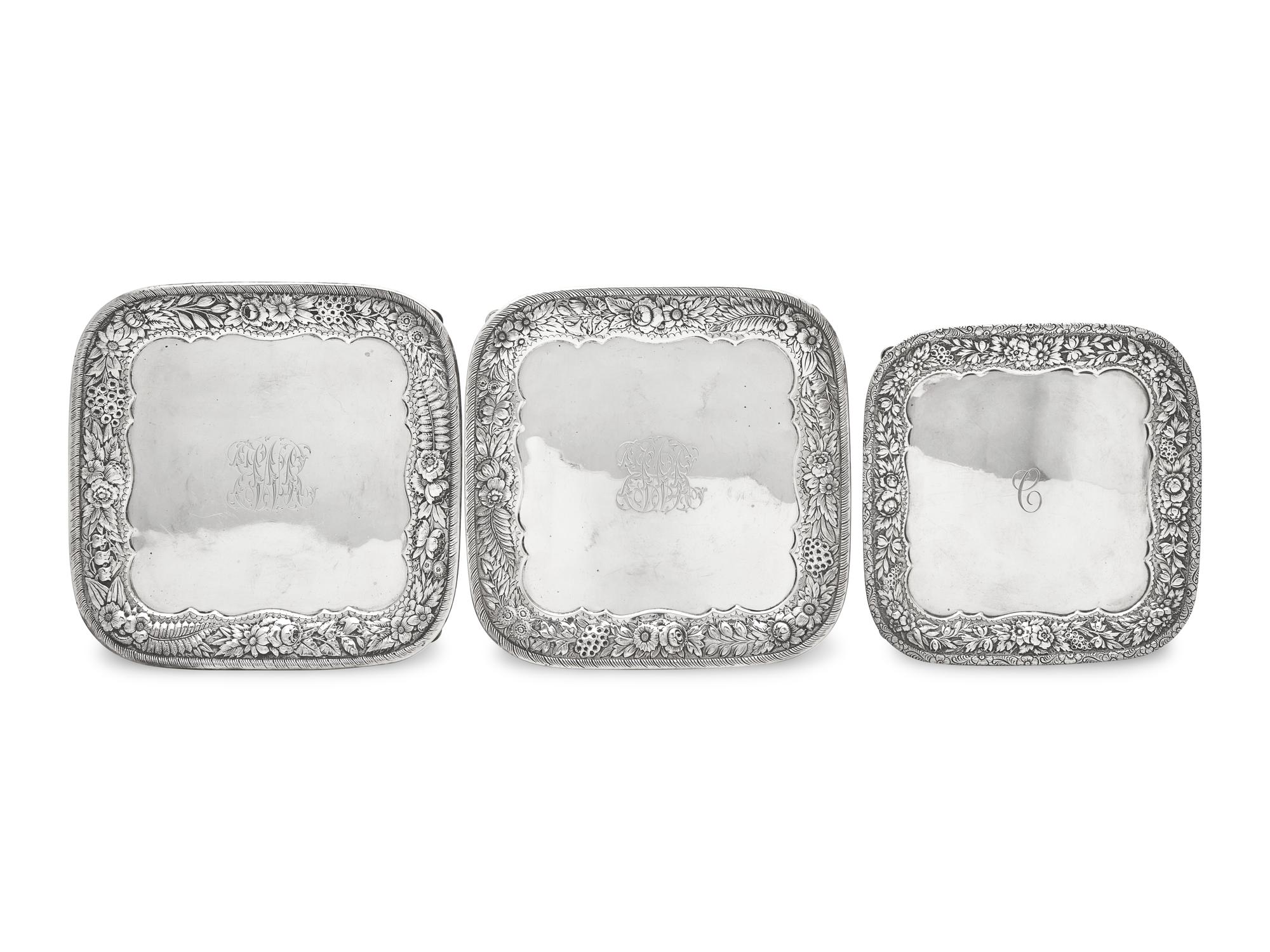 Three Sterling Silver Floral Repousse Salvers, Tiffany & Co., New York, NY, Circa 1880