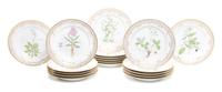Eighteen Royal Copenhagen Flora Danica Dinner Plates Diameter 10 inches.