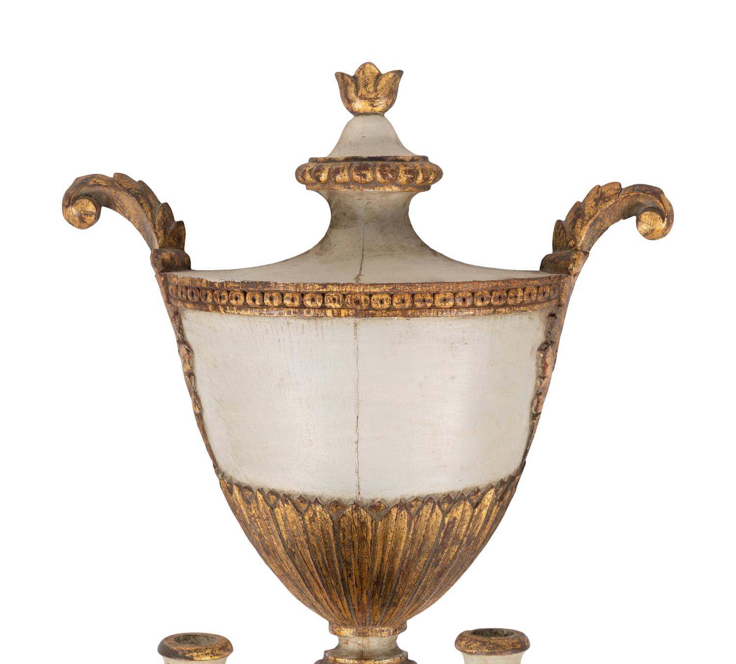 A Spanish Painted and Parcel Gilt Urn-Form Four-Light Sconce