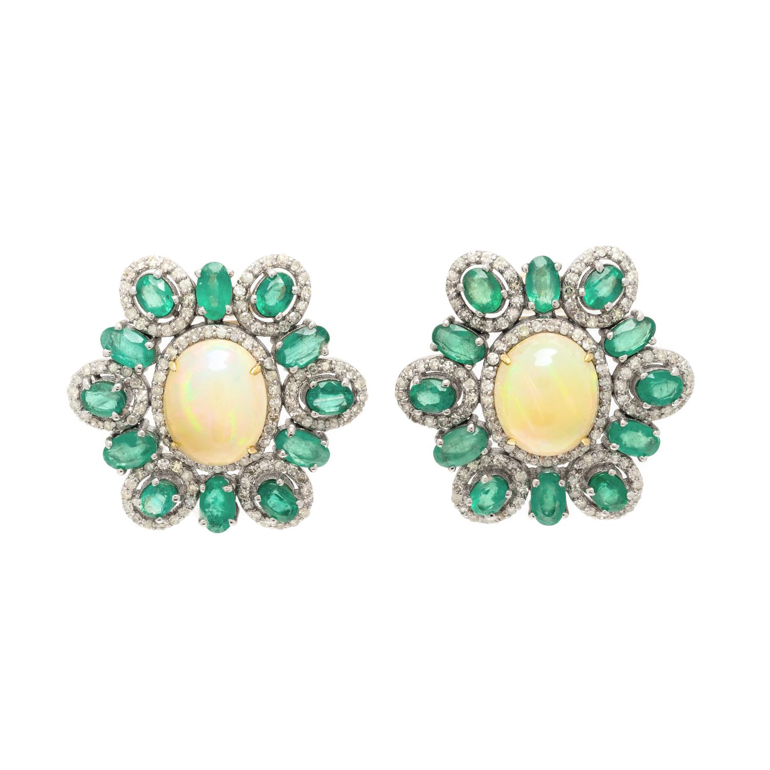 OPAL, EMERALD, AND DIAMOND EARRINGS