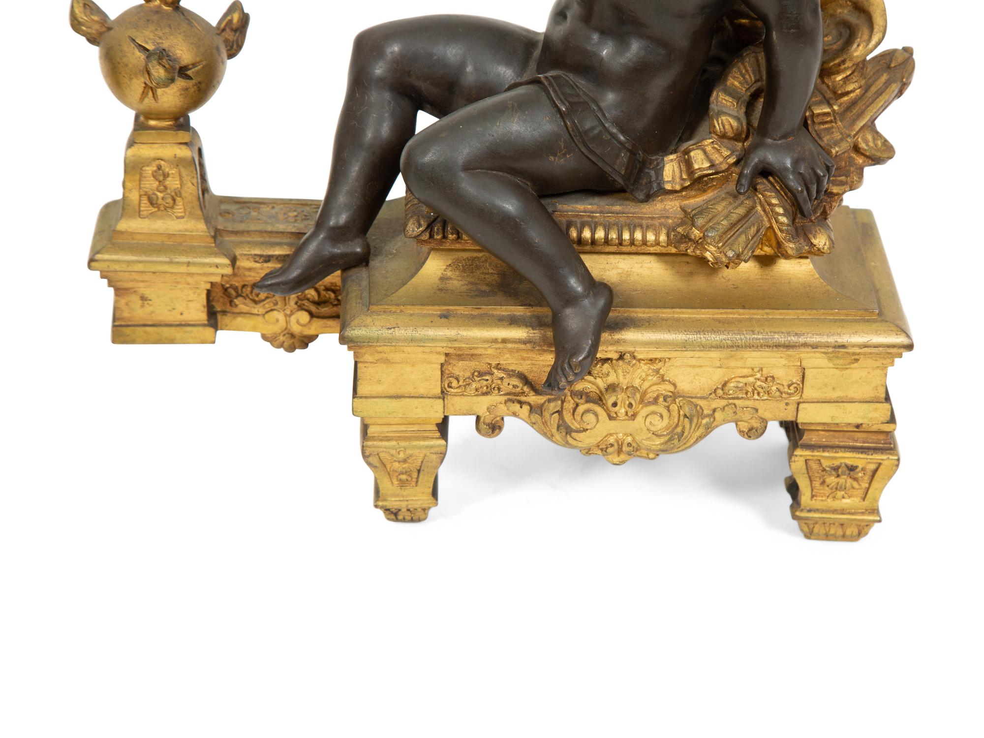 A Pair of French Gilt and Patinated Bronze Figural Chenets Mounted as Lamps