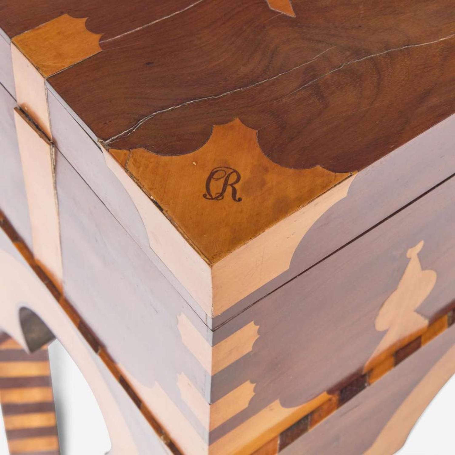 An Anglo-Indian inlaid mahogany, fruitwood, and ebony box-on-stand early 19th century