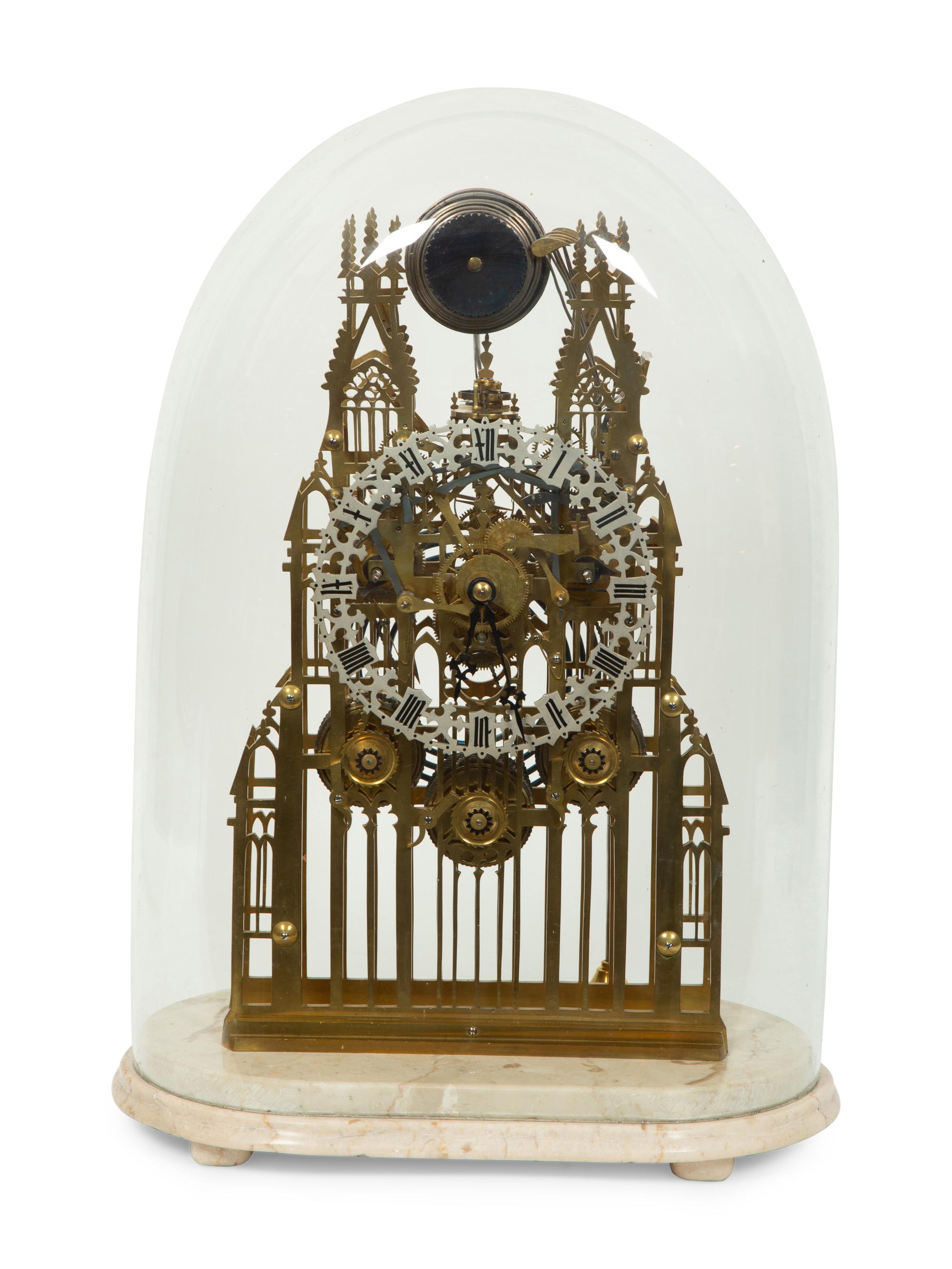 An English Gothic Revival Brass Musical Skeleton Clock