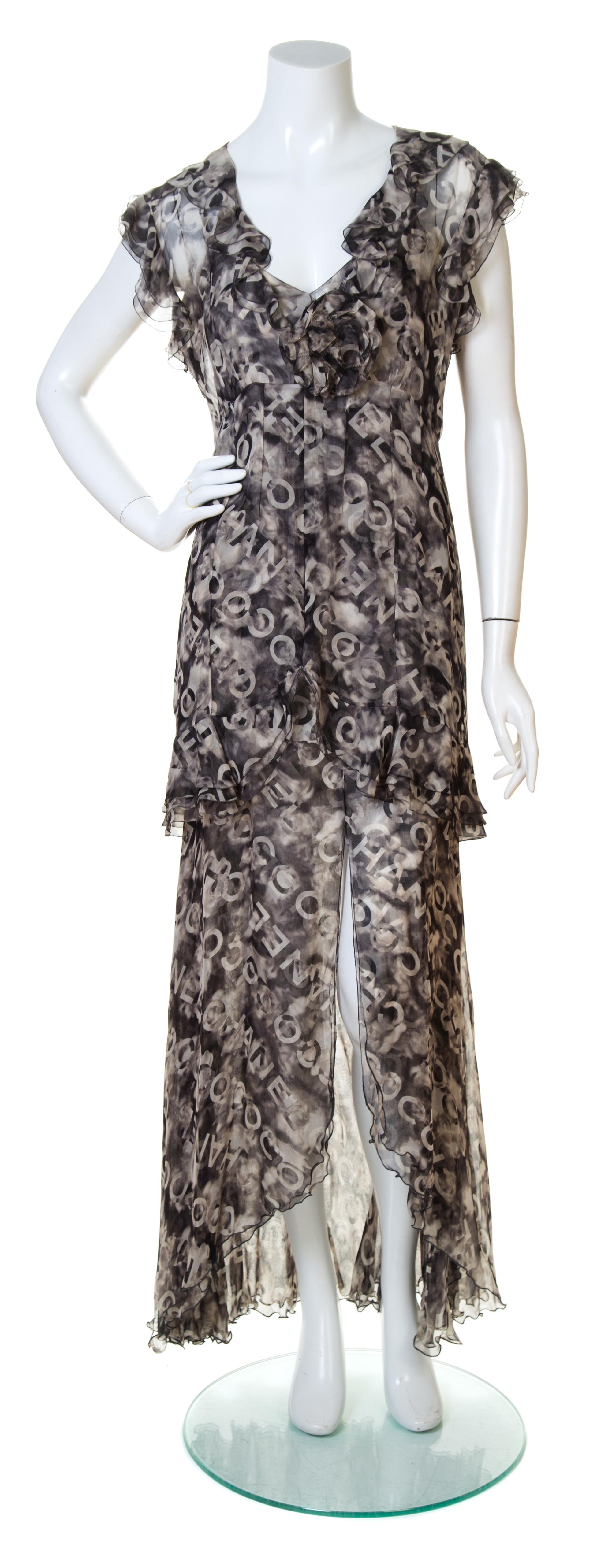 A Chanel Black and Tan Silk Logo Print Gown, No Size.