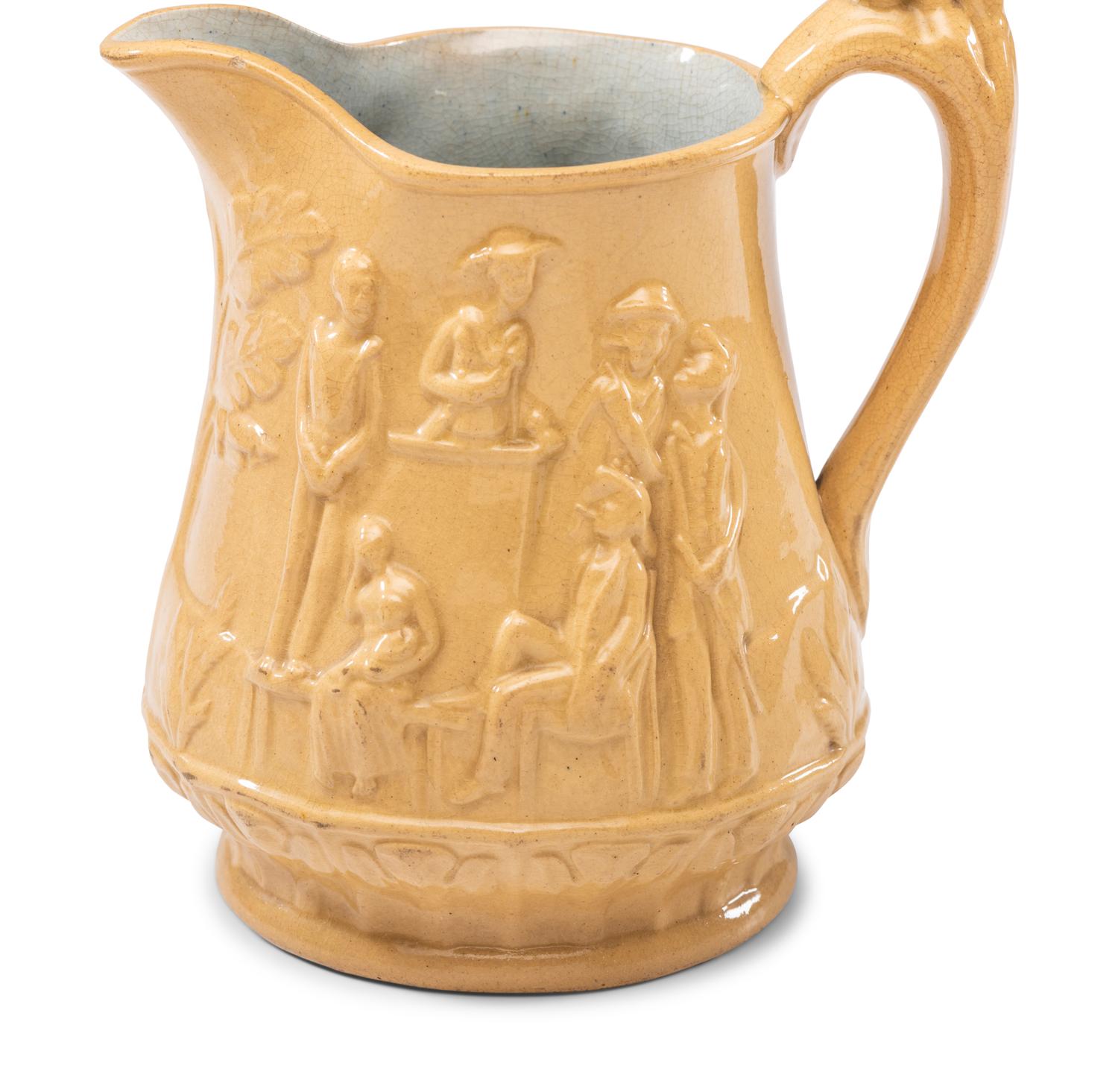 Five Graduated Abolitionist Yellowware Pitchers with Molded Scenes from Uncle Tom's Cabin