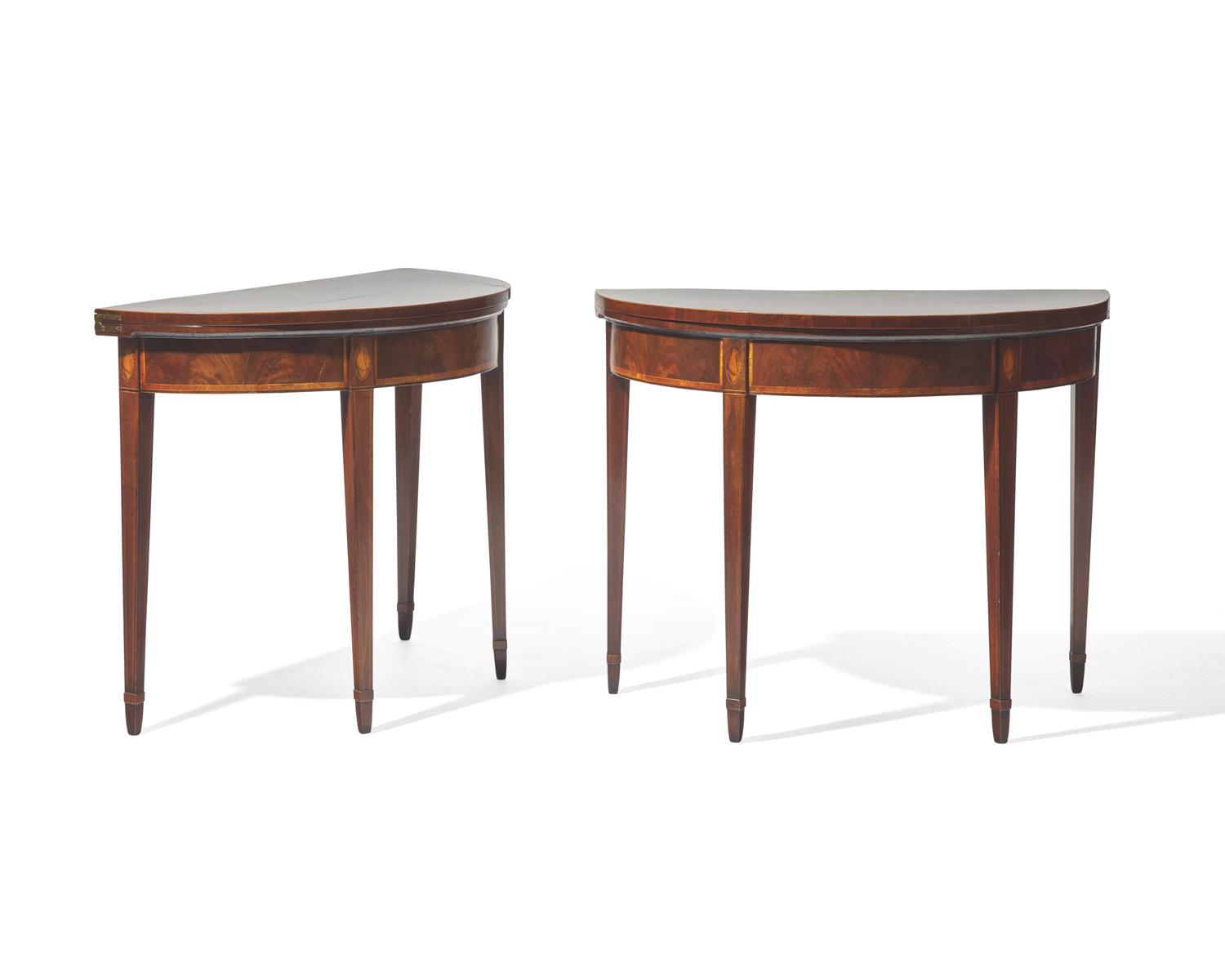 A fine pair of George III inlaid mahogany demilune card tables, circa 1790