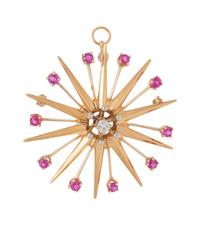 RETRO, YELLOW GOLD, DIAMOND AND PINK SAPPHIRE PENDANT/BROOCH