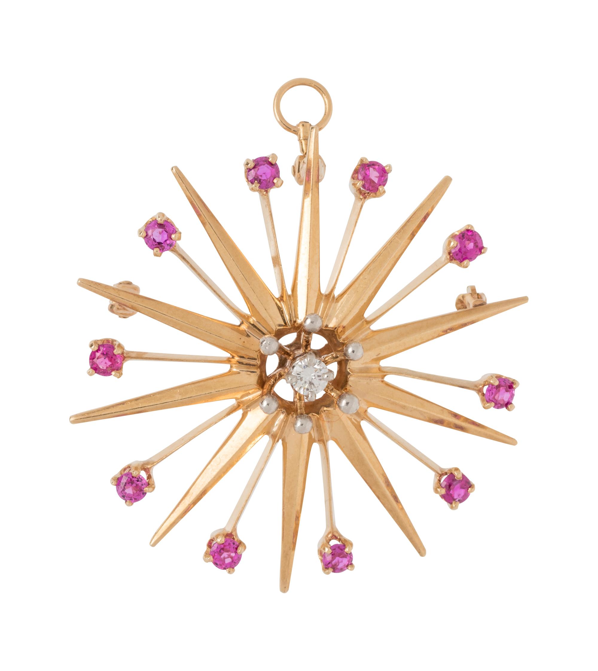 RETRO, YELLOW GOLD, DIAMOND AND PINK SAPPHIRE PENDANT/BROOCH