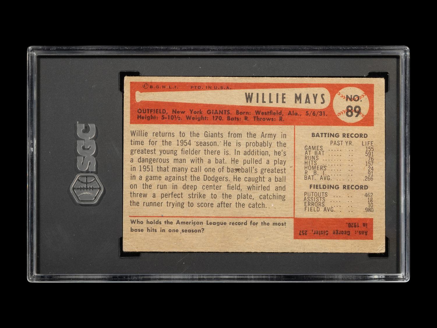 A 1954 Bowman Willie Mays Baseball Card No. 89 (SGC 2.5 GOOD+)