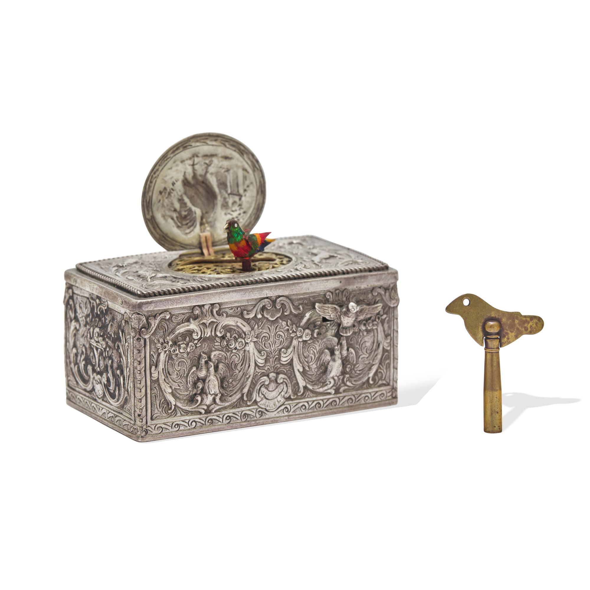 A German Engraved Silver Singing Bird Automaton Box