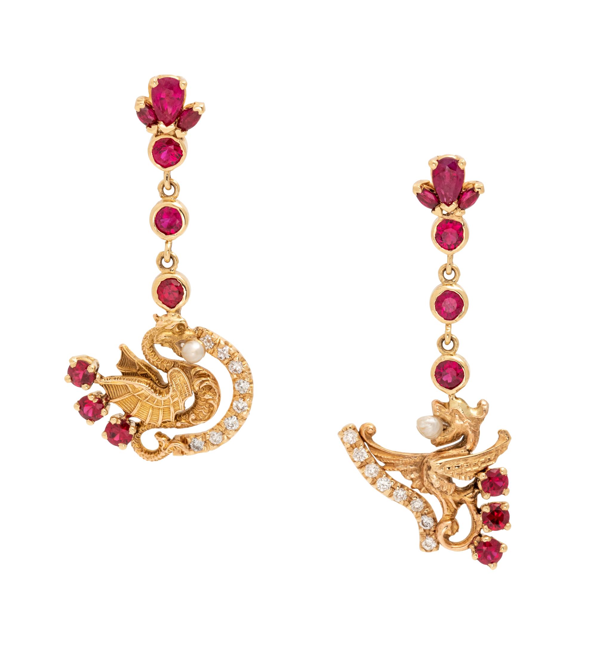 A Pair of 14 Karat Yellow Gold, Ruby, Diamond and Seed Pearl Dragon Earrings,