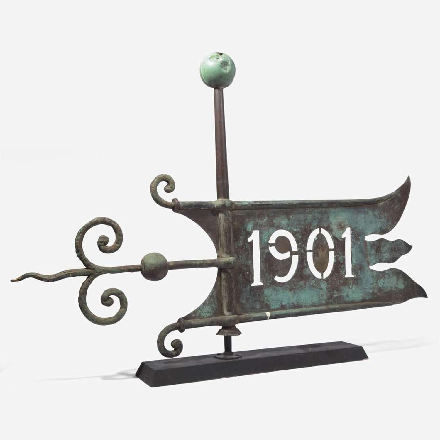 A patinated sheet copper and iron "1901" bannerette weathervane Dated "1901"