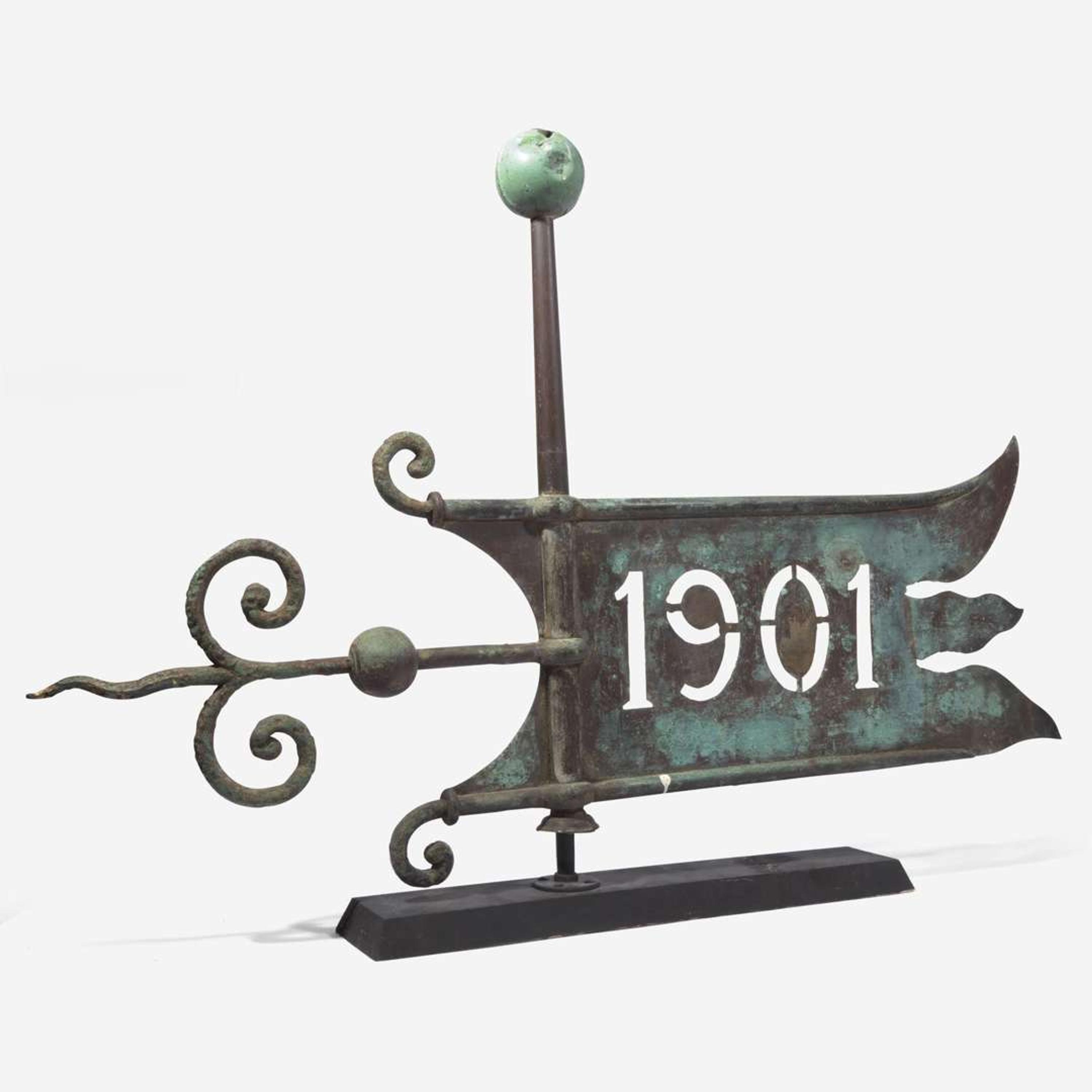 A patinated sheet copper and iron "1901" bannerette weathervane Dated "1901"